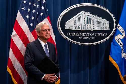 WASHINGTON, DC - SEPTEMBER 24: U.S. Attorney General Merrick Garland during a press conference at the Department of Justice on September 24, 2024 in Washington, DC. (Photo by Kent Nishimura/Getty Images)