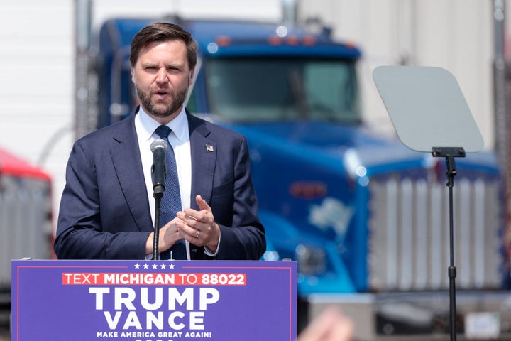 Sen. JD Vance (R-Ohio), Donald Trump's running mate, speaks Aug. 14 at a campaign rally at Cordes Inc., an industrial trucking company, in Byron Center, Michigan. When asked about a promised grant for an EV plant in Lansing recently, he appeared to be dismissive of the Biden administration plan.