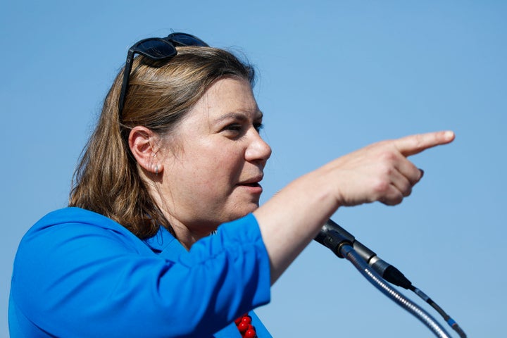 Rep. Elissa Slotkin (D-Mich.) speaks to United Auto Workers members and others at a Sept. 4 rally after marching in the Detroit Labor Day Parade. She's made it clear in her Senate race that she wants auto plants to return to Michigan.