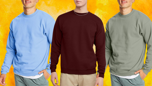 The EcoSmart fleece sweatshirt in light blue, maroon and sage