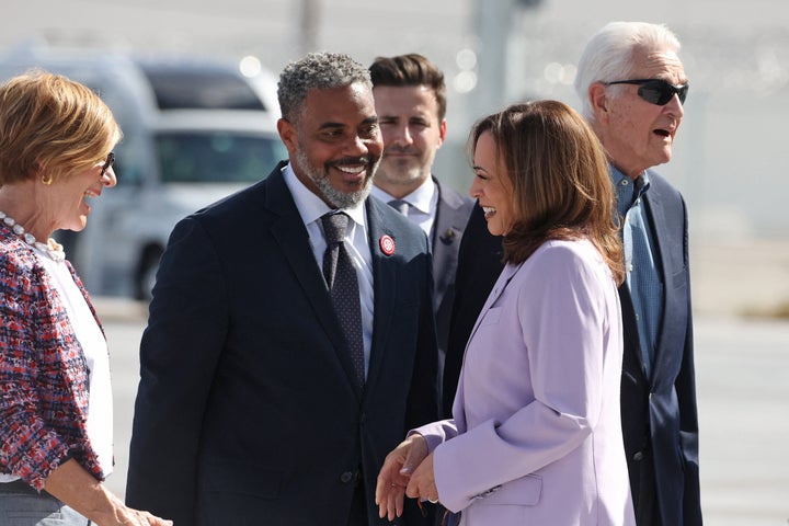 Kamala Harris, right, greets Nevada Reps. Susie Lee, left, and Steven Horsford, center. Horsford has introduced the TIPS Act, exempting tips from federal income taxes but also barring it from becoming a loophole for rich people.