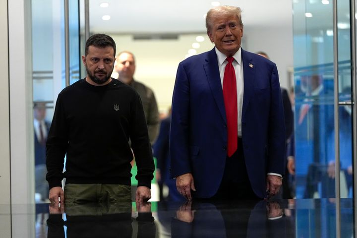 Republican presidential nominee former President Donald Trump meets with Ukraine's President Volodymyr Zelenskyy at Trump Tower, Friday, Sept. 27, 2024, in New York. 