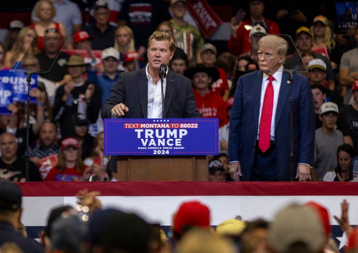 Sheehy speaks at a rally supporting Republican presidential candidate Donald Trump in Bozeman, Montana, on August 9, 2024. 