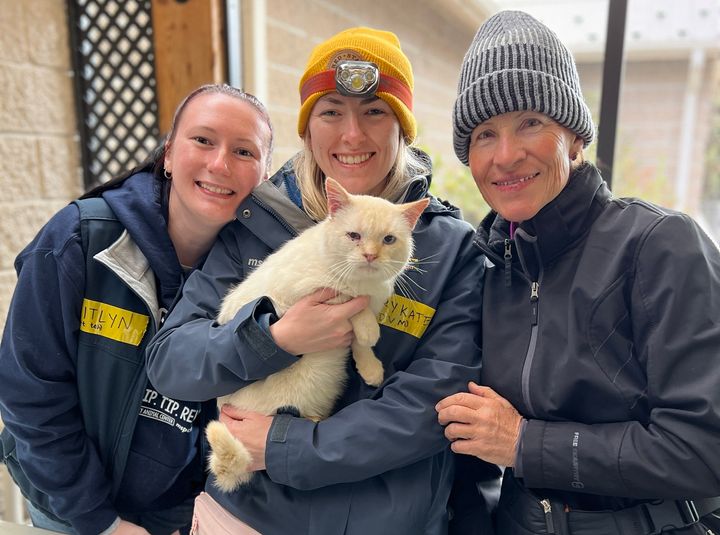 Nan Collins, rechts, posiert mit Tierärzten und ihrer Katze Ricardo Blanco.