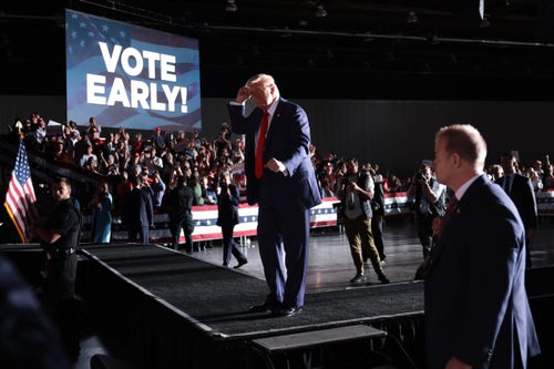 Republican presidential nominee, former President Donald Trump, photographed onstage at one of his rallies on October 18, 2024, in Detroit, Michigan.