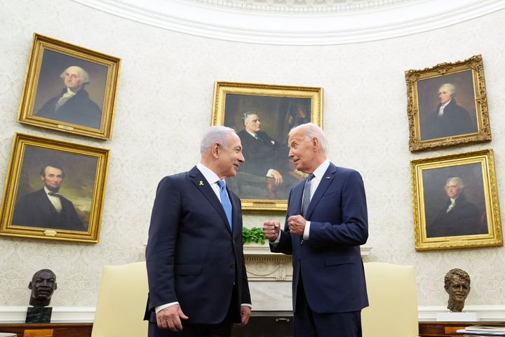 FILE - President Joe Biden, right, talks with Israeli Prime Minister Benjamin Netanyahu, left, in the Oval Office of the White House in Washington, July 25, 2024. (AP Photo/Susan Walsh, File)