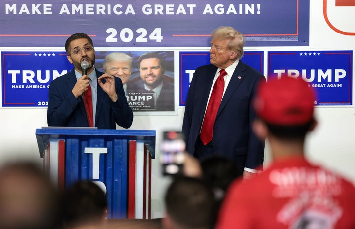 Amer Ghalib, the mayor of Hamtramck, Michigan, introduces former President Donald Trump during a campaign office visit in Detroit on Oct. 18, 2024.