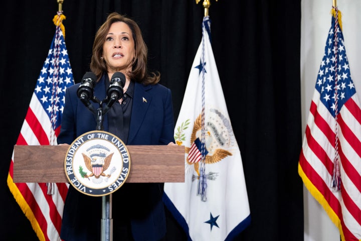 Vice President Kamala Harris speaks about the killing of Hamas leader Yahya Sinwar during a statement to the press at the University of Wisconsin-Milwaukee in Wisconsin, on Oct. 17, 2024. 