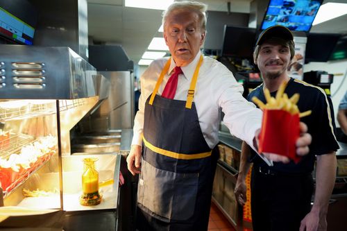 Trump worked the fryer in Pennsylvania on Sunday in an attempt to troll Kamala Harris.