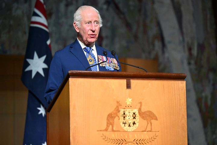 Britain's King Charles III delivers a speech while attending a Parliamentary reception hosted by Australian Prime Minister Anthony Albanese and partner Jodie Jaydon at Parliament House in Canberra, Australia, Monday, Oct. 21, 2024.