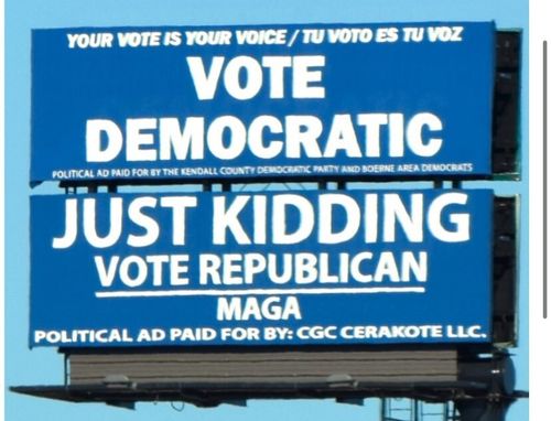 After Kendall County Democrats put up their billboard, the owner of a nearby gun store responded with a billboard of his own.