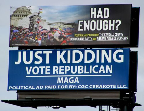 Democrats in Kendall County took down their original billboard and replaced it with one showing the Jan. 6, 2021, mob riot by Donald Trump supporters at the U.S. Capitol.