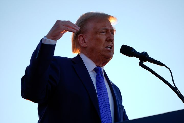 Republican presidential nominee former President Donald Trump speaks during a campaign rally at Arnold Palmer Regional Airport on Saturday in Latrobe, Pennsylvania.