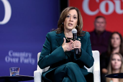 Vice President Kamala Harris speaks during a moderated conversation with former Rep. Liz Cheney(R-Wyo.) in Brookfield, Wisconsin, on Monday.
