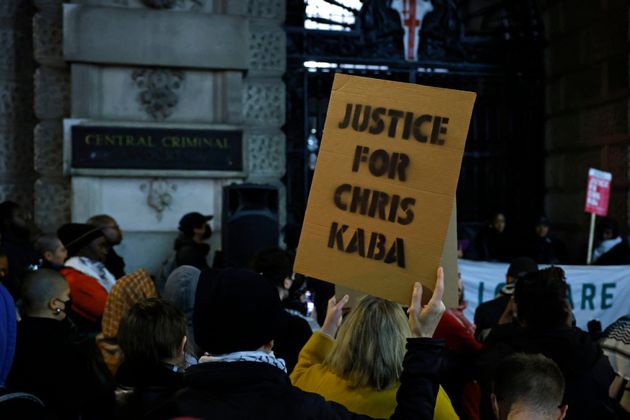 Protesters gather outside the Old Bailey after the verdict of not-guilty against a police officer accused of the murder of Chris Kaba, a rap singer shot dead in Streatham Hill on September 5, 2022, in London on October 21, 2024.