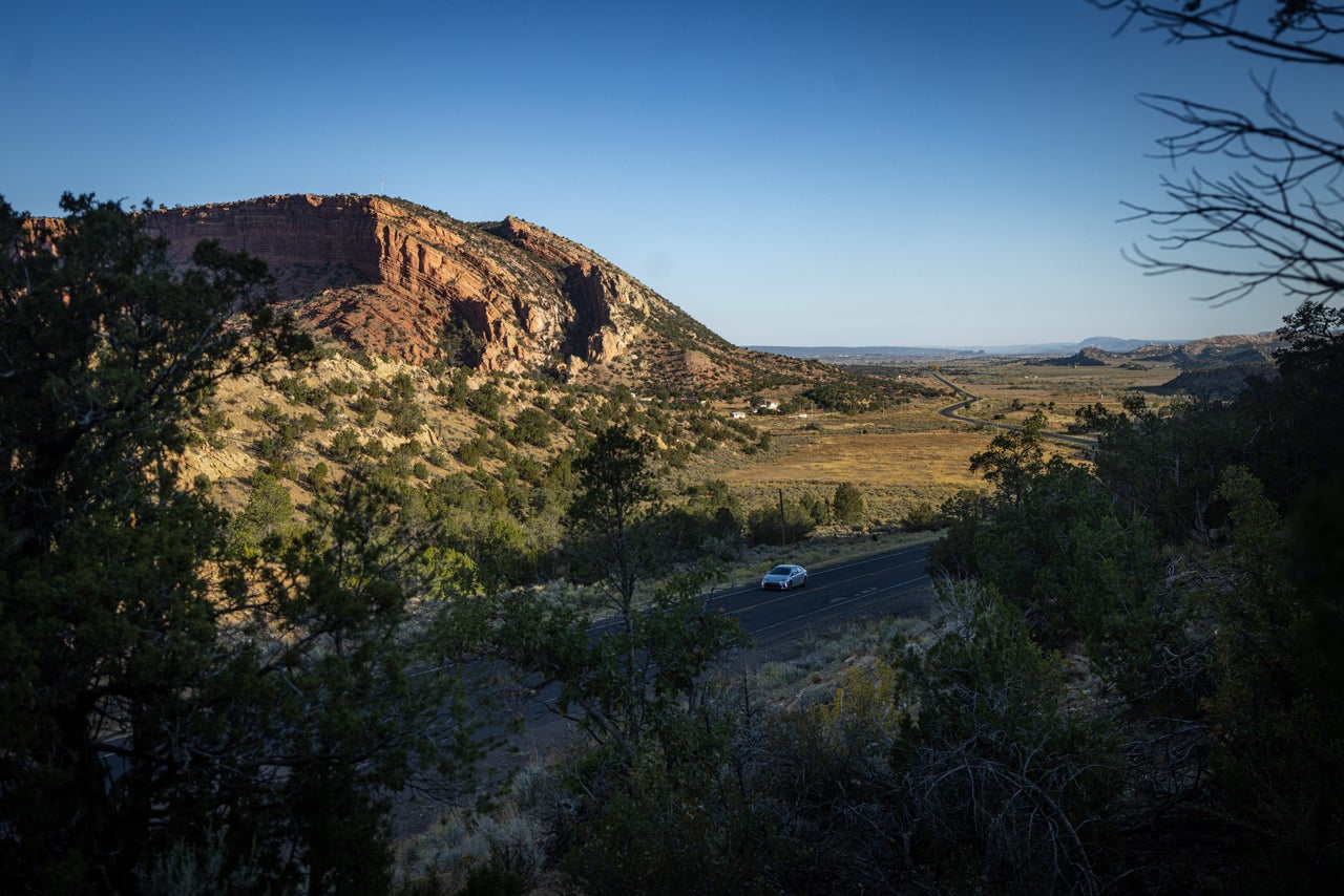 A car passes by near Window Rock, Arizona, on Oct. 12, 2024. 