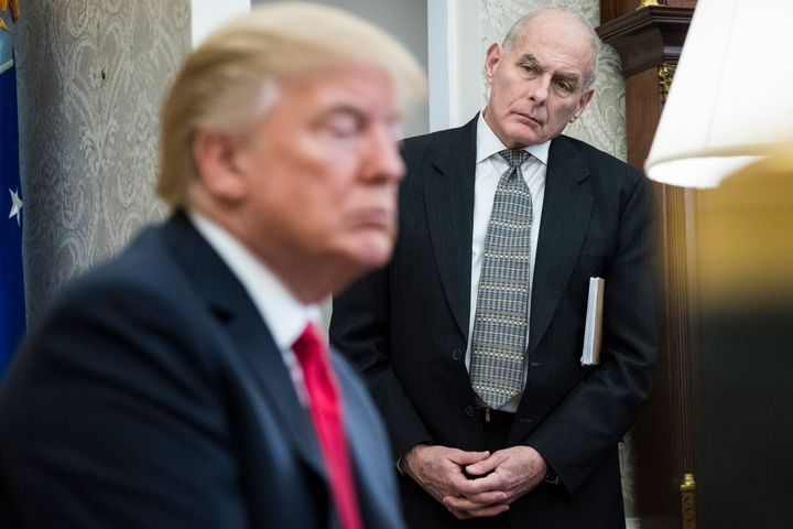 In 2018, White House Chief of Staff John Kelly watches as then-President Donald Trump speaks during a meeting with North Korean defectors in the Oval Office.