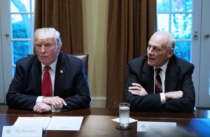 Former President Donald Trump and Chief of Staff John Kelly during a meeting with senior military leaders in the Cabinet Room of the White House on Oct. 5, 2017. 