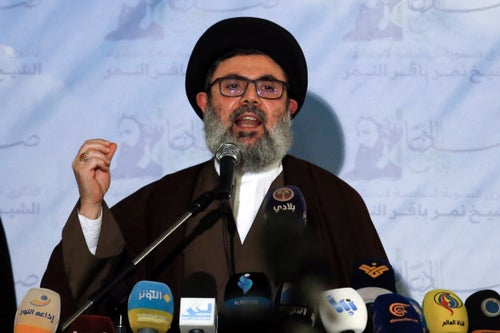 FILE - Senior Hezbollah leader Hashem Safieddine speaks during a news conference in the southern Beirut suburb of Dahiyeh, Lebanon, on Jan. 12, 2022. (AP Photo/Bilal Hussein, File)
