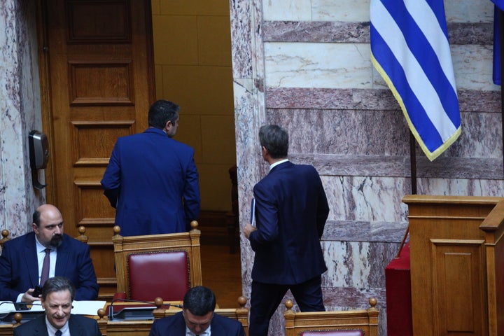 Συζήτηση στην Ολομέλεια της Βουλής κατόπιν αιτήματος του Πρωθυπουργού Κυριάκου Μητσοτάκη, o οποίος σε αυτό το στιγμιότυπο διακρίνεται καθώς αποχωρεί από την αίθουσα, την ώρα που επρόκειτο να λάβει το λόγο ο Νίκος Παππάς. Η συζήτηση είχε ως αντικείμενο την ενημέρωση του Σώματος για τον απολογισμό της φετινής αντιπυρικής περιόδου και τις πρωτοβουλίες της Κυβέρνησης αναφορικά με τη στήριξη των πληγέντων, την αποκατάσταση των υποδομών και την περαιτέρω ενίσχυση της Πολιτικής Προστασίας, Τετάρτη 23 Οκτωβρίου 2024. (ΓΙΑΝΝΗΣ ΠΑΝΑΓΟΠΟΥΛΟΣ/EUROKINISSI)