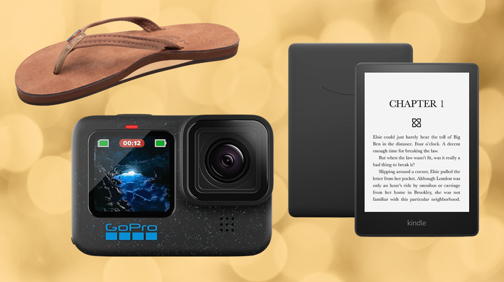 A pair of Rainbow Sandals, a GoPro and a Kindle Paperwhite.