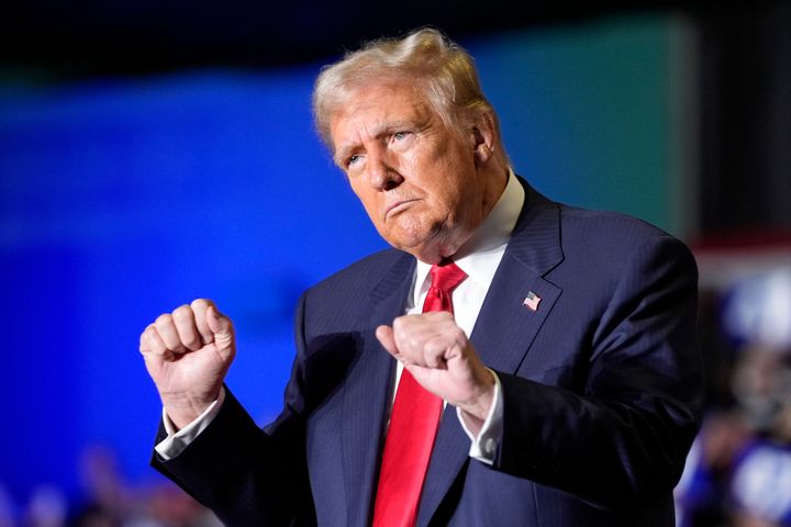 Republican presidential nominee former President Donald Trump dances at a campaign rally at Greensboro Coliseum on Tuesday.