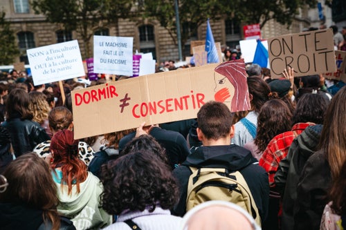 Signs saying ''Sleep is not consent'' and ''we believe you'' are shown on the Place de la Republique in support of Gisele Pelicot and all women victims of rape, sexist and sexual violence and assault in Paris on Sept. 14, 2024. 
