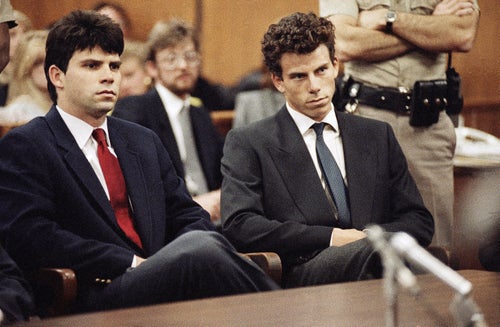 Lyle, left, and Erik Menendez, suspected in the murders of their millionaire parents, Jose and Mary Louise “Kitty” Menendez, in Beverly Hills, Calif., sit in Beverly Hills Municipal Court during a hearing on March 12, 1990.
