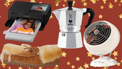 A pair of shearling moccasins, a portable photo printer, a Bialleti Italian espresso maker and the Vornado personal air circulator fan. 