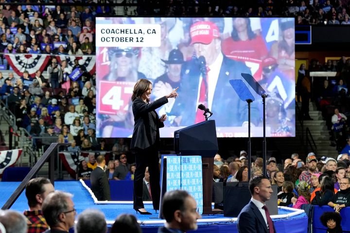 Democratic presidential nominee Vice President Kamala Harris speaking at a rally on Oct. 14, where she played clips of Trump.