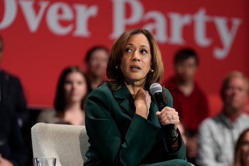 Harris speaks during a town hall at Sharon Lynne Wilson Center for the Arts in Brookfield, Wisconsin, on Oct. 21, 2024.