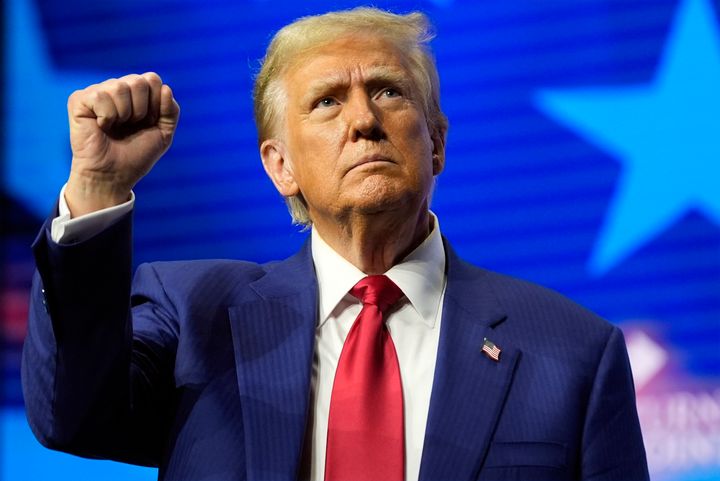 Republican presidential nominee former President Donald Trump gestures at a campaign rally Wednesday, Oct. 23, 2024, in Duluth, Ga.