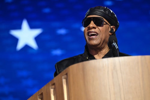 Stevie Wonder photographed during a speech at the Democratic National Convention in Chicago on Aug. 21, 2024. The Motown icon has endorsed Kamala Harris for president in the 2024 elections.