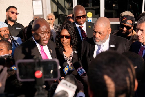 Attorney Ben Crump (left) speaks on Oct. 24 at a news conference with RowVaughn Wells and Rodney Wells, the parents of Tyre Nichols, outside the federal courthouse in Memphis after three former police officers were convicted of witness tampering in the 2023 fatal beating case.