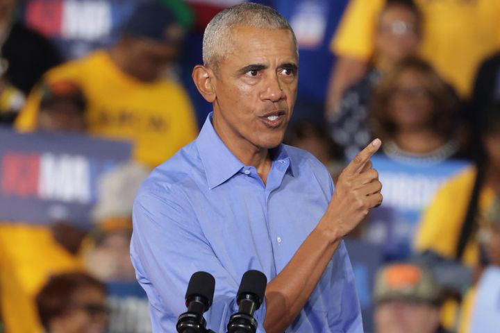 Obama spricht während einer Harris-Wahlkampfveranstaltung in Georgia. (Foto von Alex Wong/Getty Images)