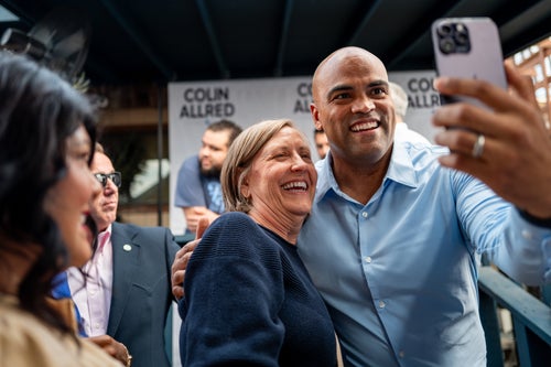 Democratic U.S. Senate candidate U.S. Rep. Colin Allred (D-Texas) greets attendees during the conclusion of a campaign rally at the Backyard on Broadway on Oct. 17, 2024, in San Antonio, Texas. With less than 20 days to go, incumbent opponent Sen. Ted Cruz (R-Texas) holds a 4-point advantage over Allred in a tightening race ahead of the Nov. 5 general election.