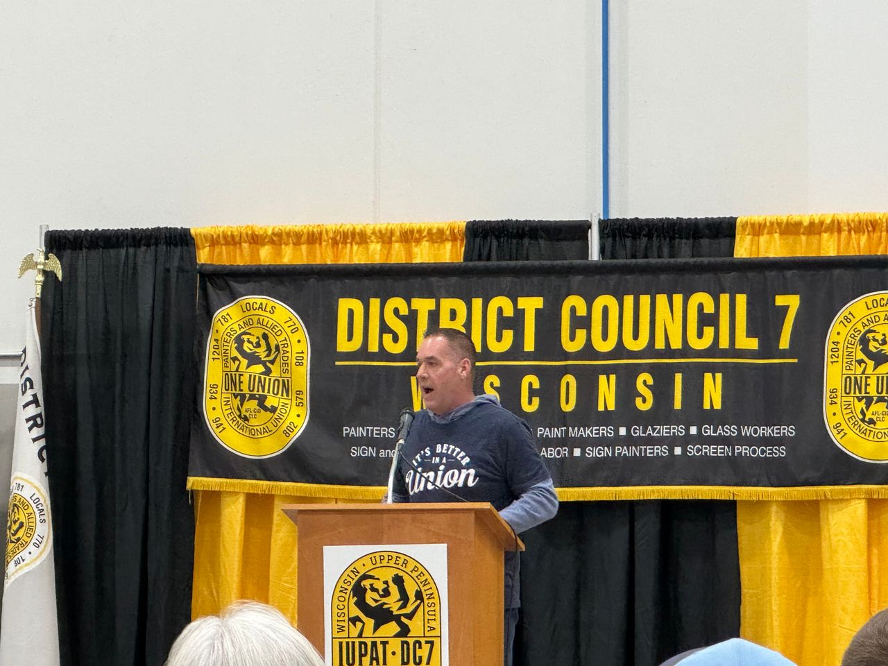 Jimmy Williams, general president of the International Union of Painters and Allied Trades, address union members at a canvassing kickoff in Big Bend, Wisconsin.