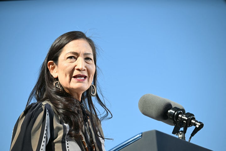 US Interior Secretary Deb Haaland speaks at the Gila River Crossing School in the Gila River Indian Community, in Laveen Village, near Phoenix, Arizona, on October 25, 2024. (Photo by ANDREW CABALLERO-REYNOLDS / AFP) (Photo by ANDREW CABALLERO-REYNOLDS/AFP via Getty Images)