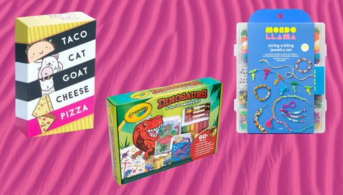 Taco Cat Goat Cheese Pizza card game, dinosaur drawing set and bead kit from Target