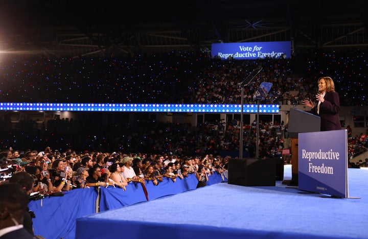 HOUSTON, TEXAS - OCTOBER 25: Democratic presidential candidate, U.S. Vice President Kamala Harris, speaks during a campaign rally at Shell Energy Stadium on October 25, 2024 in Houston, Texas. Vice President Kamala Harris is campaigning in Texas holding a rally supporting reproductive rights with recording artists Beyonce and Willie Nelson. (Photo by Justin Sullivan/Getty Images)