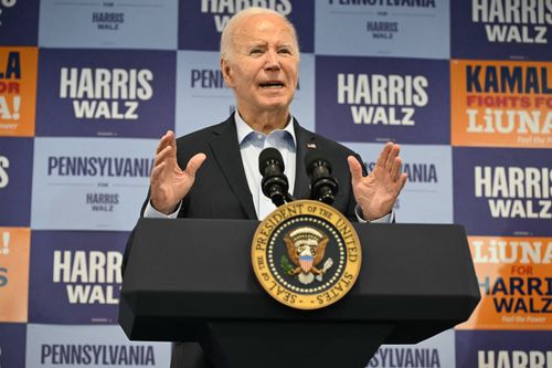 President Joe Biden photographed speaking at a Laborers' International Union of North America (LiUNA) "Get Out the Vote" kick-off event in Pittsburgh, Pennsylvania, on October 26, 2024. 