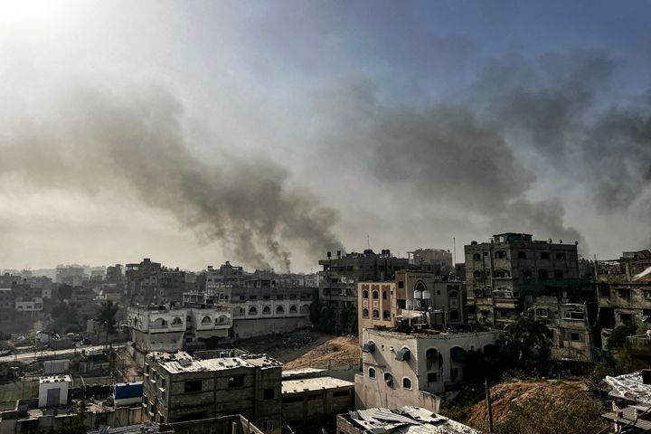 Smoke rises over Beit Lahia, adjacent to Jabalia in the northern Gaza Strip on October 26, 2024, as the Israeli military activity continues, forcing Palestinians to flee. (Photo by -/AFP via Getty Images)