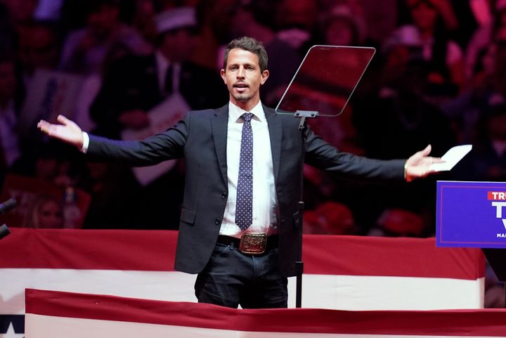 Tony Hinchcliffe arrives at Donald Trump's rally at Madison Square Garden in New York City on Sunday. 