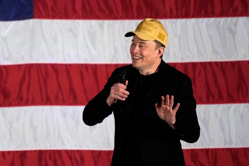 Elon Musk speaks as part of a campaign town hall in support of Republican presidential nominee former President Donald Trump in Folsom, Pennsylvania, on Oct. 17.