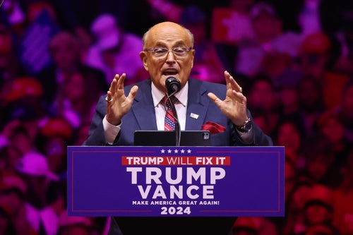 Former New York City Mayor Rudy Giuliani used his speech on Sunday to wax nostalgic about the reduction in crime and the quantity of New York Yankees' wins on his watch. He also went on a racist rant about Palestinians.