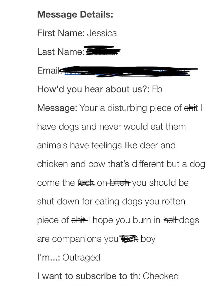 An angry email sent to Elwood’s Organic Dog Meat.