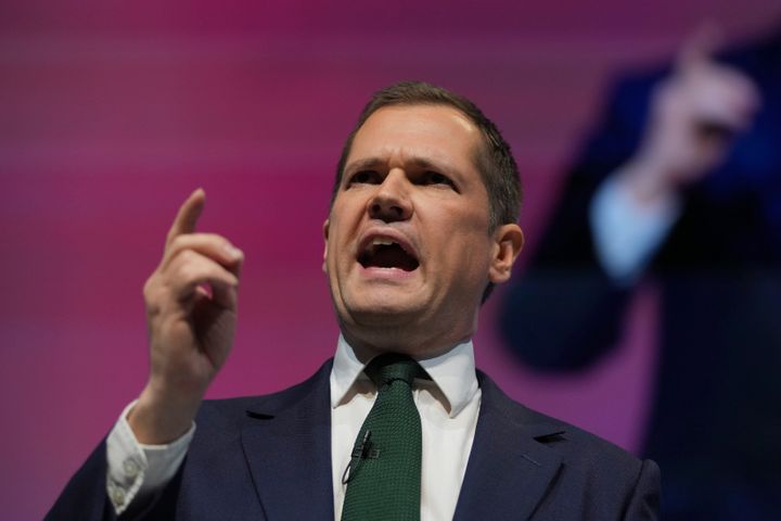 Conservative leadership candidate Robert Jenrick addresses members during the Conservative Party Conference at the International Convention Centre in Birmingham, England, Wednesday, Oct. 2, 2024.