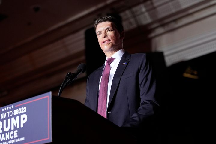 Republican Sam Brown speaks at a Reno, Nevada, rally headlined by Sen. JD Vance (R-Ohio), Trump's running mate. Republicans hope Brown can ride Trump's coattails to victory.