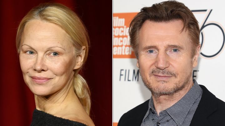 Pamela Anderson und Liam Neeson, die im kommenden Film mitspielen werden "Nackte Waffe" Neustart.