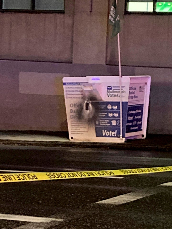 This image released by the Portland Police Bureau shows a ballot box after an incendiary device was discovered inside in Portland, Oregon, on Oct. 28.